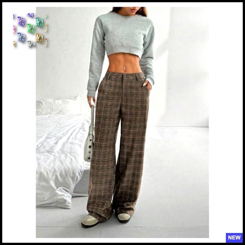 Plaid Wide Leg Trousers Low Rise Casual Flannel Palazzo Pants with Pockets - Picture 5 of 5